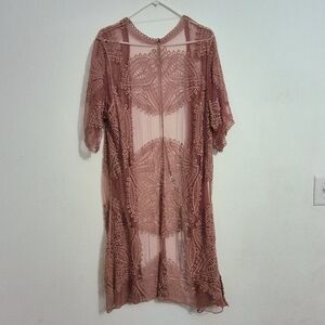 Womens Pink Salmon Sheer Lace  Kimono Maxi Crochet Mesh Layering Open Front XL